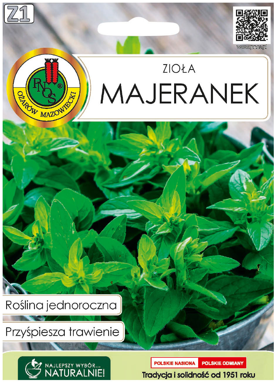 Majeranek Origanum majorana to roślina jednoroczna. Zawiera olejki eteryczne, garbniki, sole mineralne, kwas askorbinowy (witaminę C), karoten.