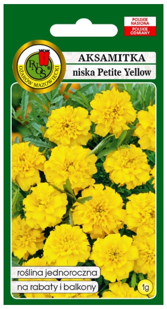 Aksamitka pełna Petite żółta jest rośliną jednoroczną o pełnych kwiatach koloru żółtego średnicy około 2,5-3 cm. Osiąga wysokość do 25 cm.