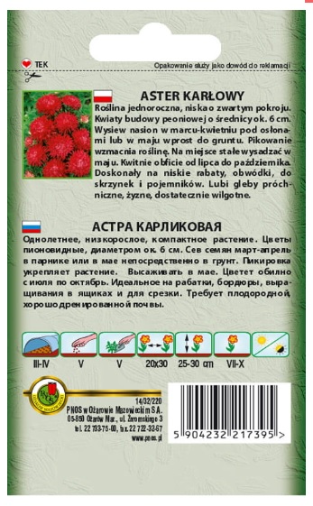 Aster karłowy czerwony - nasiona kwiatów. Kwiaty Aster są atrakcyjne dla pszczół i owadów, nadają się do wazonu. Niezastąpiony gatunek , gdyż daje masę kwiatów w okresie, kiedy jest ich w ogródku niewiele.