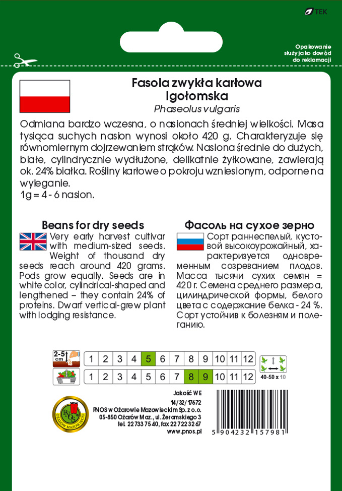 Fasola na suche nas Igołomska to rośliny karłowe o pokroju wzniesionym, odporne na wyleganie. Plon z 1ha 2,5-3,5t.