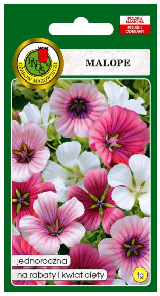 Malope ślęzawa mieszana to wzniesiona, rozgałęziona roślina o sztywnych łodygach i okrągłych klapowanych liściach. Kwiaty o aksamitnym połysku z ciemniejszymi żyłkami zdobiącymi roślinę.