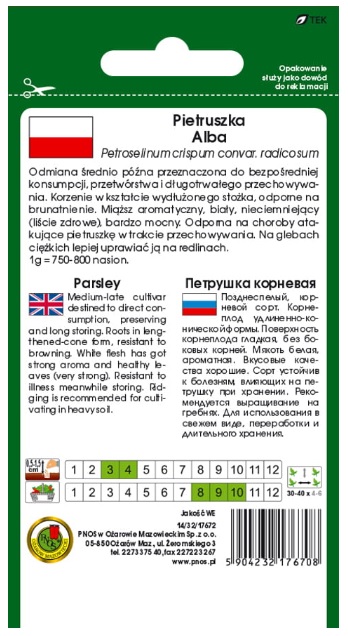 Pietruszka korzeniowa Alba. Odporna na choroby atakujące pietruszkę w trakcie przechowywania.