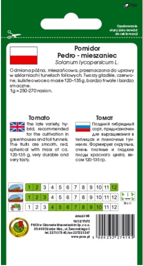 Pomidor szklarniowy Pedro to mieszaniec F1, przeznaczony do uprawy pod osłonami i w szklarni.