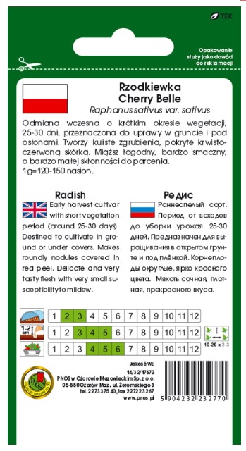 Rzodkiewka Cherry Belle tworzy zgrubienia kuliste lub lekko owalne barwy jednolicie jaskrawo-czerwonej z małą rozetą liści.