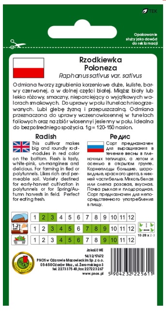 Rzodkiewka Poloneza posiada zgrubienia korzeniowe duże, kuliste, barwy czerwonej w dolnej części białe.