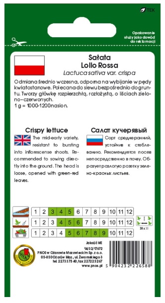 Sałata liściowa Lollo Rosa. Polecana do siewu bezpośrednio do gruntu.
