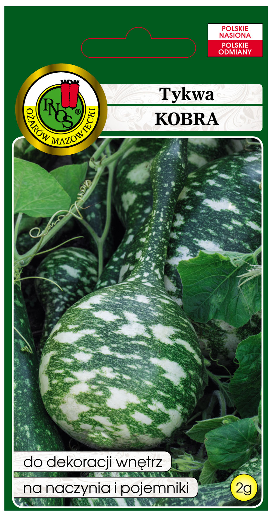 Tykwa Kobra to ciekawa odmiana o jasno nakrapianych owocach w kształcie butelki. Zgrubienie szyjki, będące zwieńczeniem rośliny przypomina kobrę, stąd wzięła się nazwa tej odmiany.